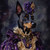 Regal Doberman with a rich, ornate outfit in shades of purple and gold, with a
