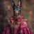 Lady Doberman in a richly detailed, ornate outfit with a luxurious maroon color