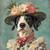 Dalmation in a floral hat with a variety of flowers, including peonies and roses