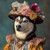 Siberian Husky in a vintage-inspired outfit, featuring a brown, ornate hat adorn