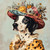 Dalmation with a large, ornate hat featuring a variety of colorful flowers, incl