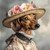 Dachshund in a wide-brimmed hat featuring a mix of pink and other soft-colored r
