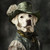 Lady Labrador in a green top hat with a delicate, feminine, off-white flower ad