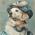 Golden Retriever with a hat featuring a soft, blush-toned rose-like decoration a