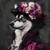 Siberian Husky with a decorative flower hat and a maroon-colored, luxurious-look