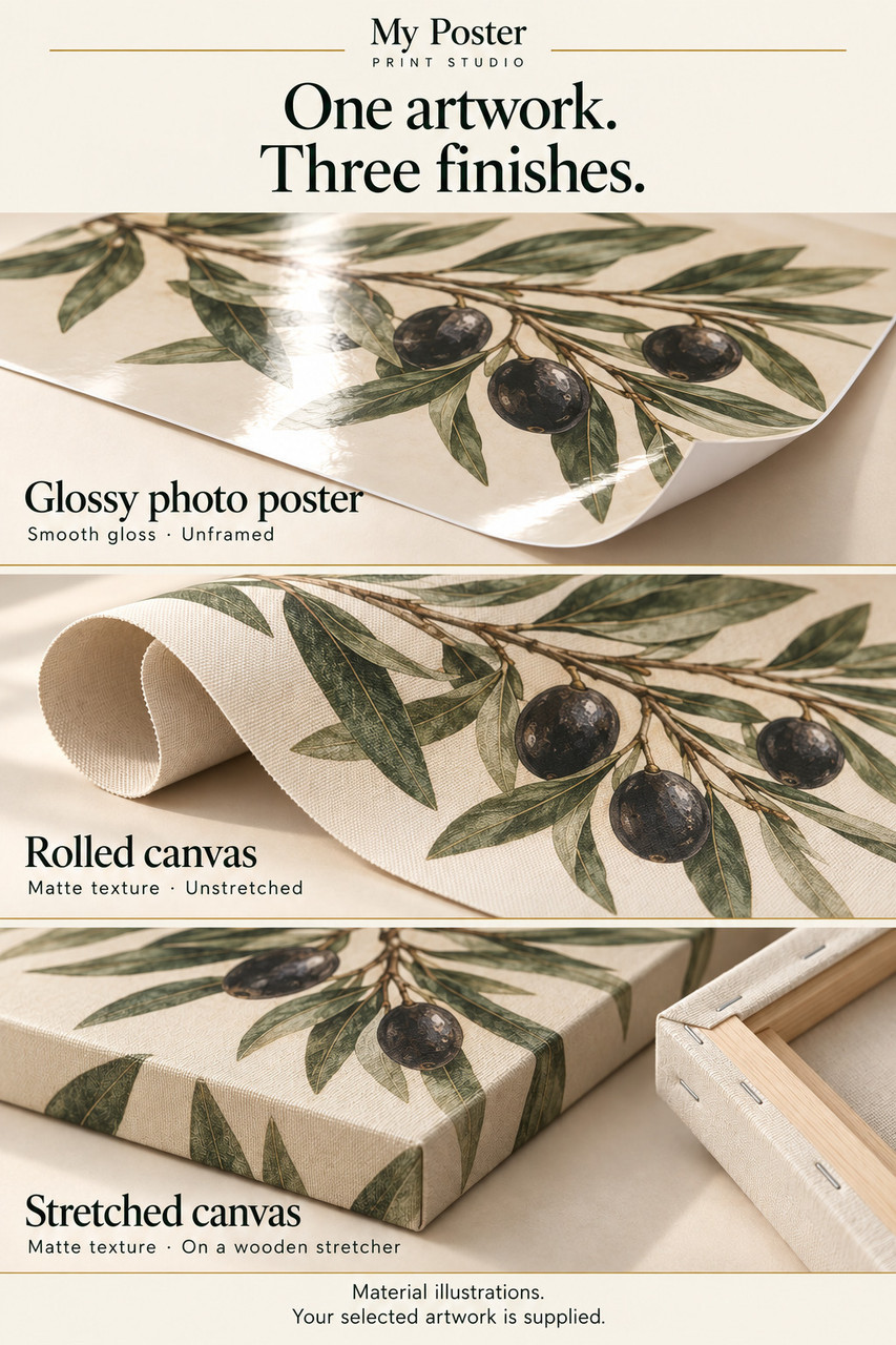 Material examples: glossy photo poster, rolled matte canvas and stretched canvas