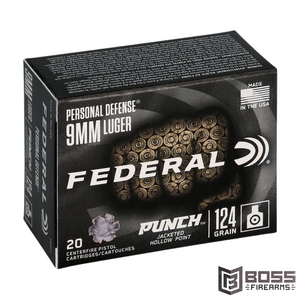 Federal Premium Personal Defense Punch Ammo 9mm 124gr Jacketed Hollow Point 20 Round Box - Brass Casing - PD9P1 - 604544659047 - Boss Firearms - BossFirearms.com Federal Premium Personal Defense Punch Ammo 9mm 124gr Jacketed Hollow Point 20 Round Box - Brass Casing - PD9P1 - 604544659047 - Boss Firearms - BossFirearms.com