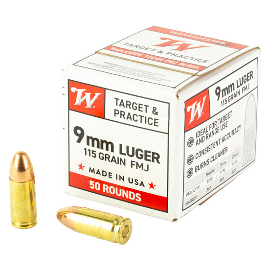 Winchester Ammunition, USA WHITE BOX, 9mm, 115 Grain, Full Metal Jacket, 50 Rounds Box