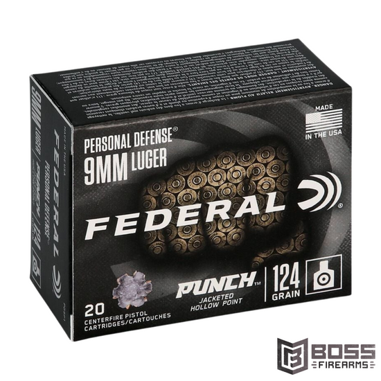 Federal Premium Personal Defense Punch Ammo 9mm 124gr Jacketed Hollow Point 20 Round Box - Brass Casing - PD9P1 - 604544659047 - Boss Firearms - BossFirearms.com