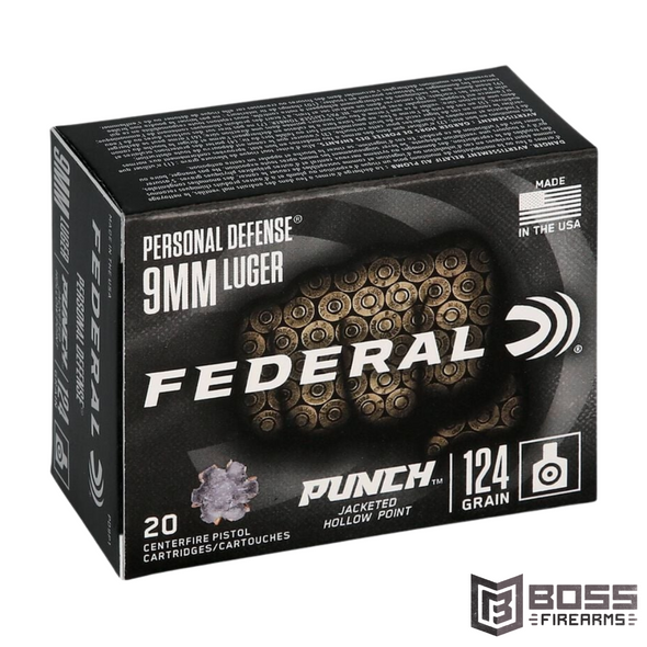 Federal Premium Personal Defense Punch Ammo 9mm 124gr Jacketed Hollow Point 20 Round Box - Brass Casing - PD9P1 - 604544659047 - Boss Firearms - BossFirearms.com