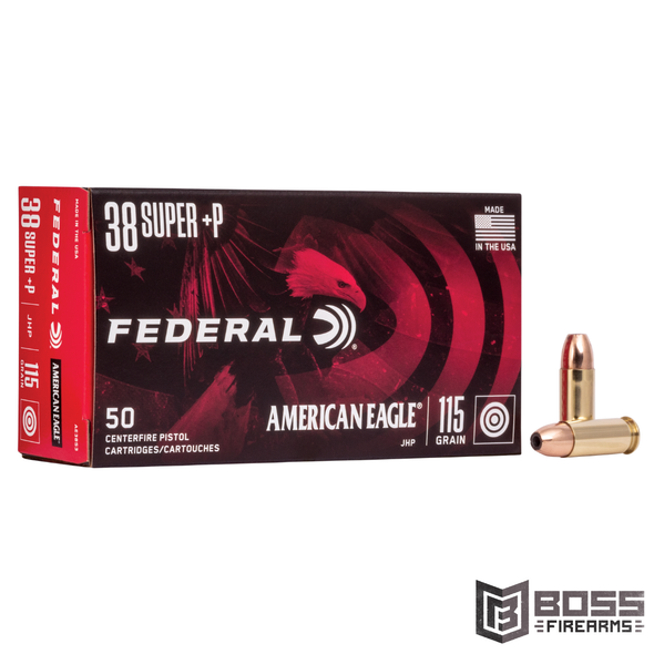 Federal Premium - American Eagle 38Super+P 115gr Jacketed Hollow Point 50/Box - AE38S3 - 029465061579 - Boss Firearms - BossFirearms.com