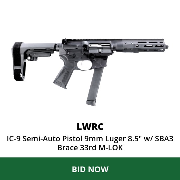 LWRC IC-9 Semi-Auto Pistol 9mm Luger 8.5" w/ SBA3 Brace 33rd M-LOK