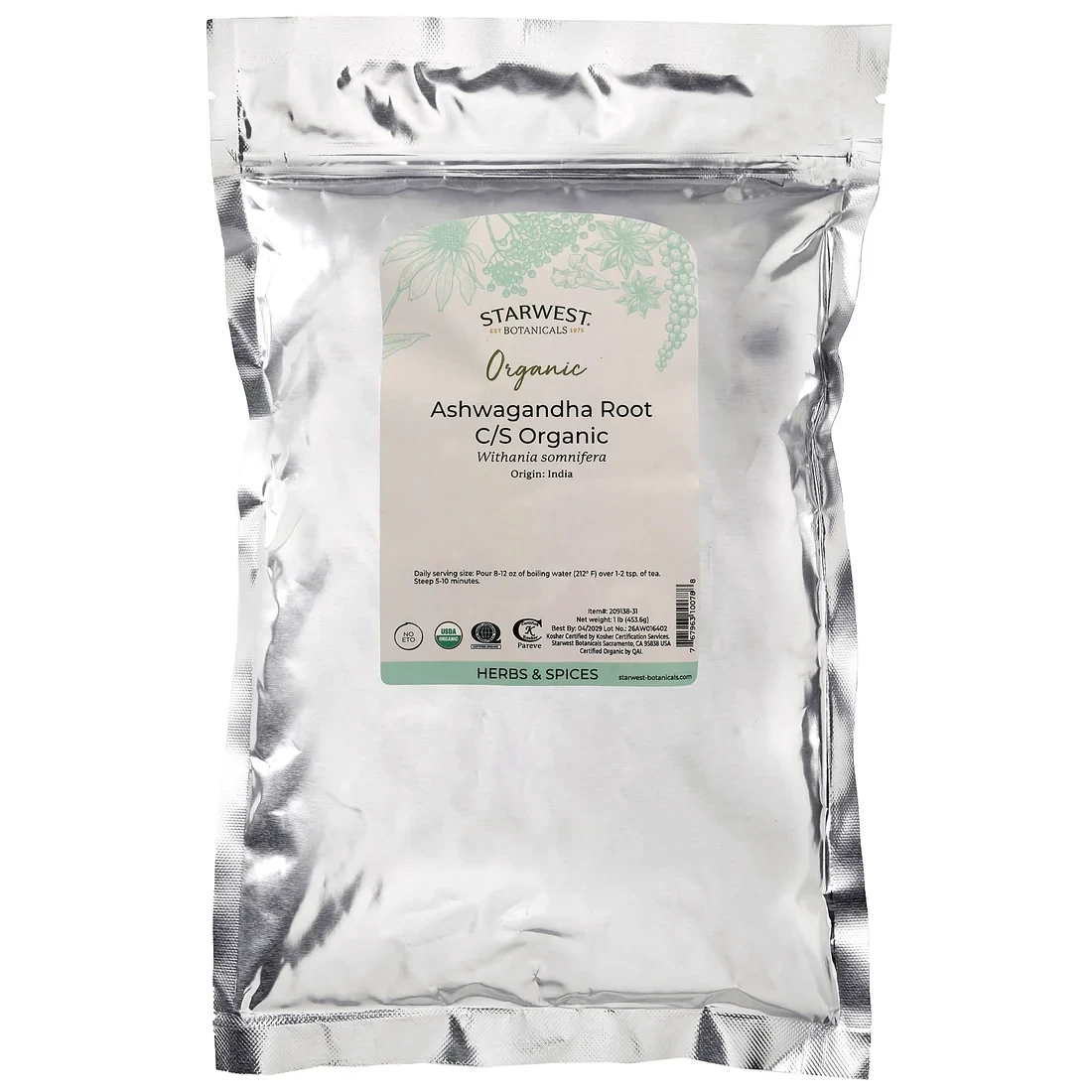 Starwest Botanicals Organic Ashwagandha Root C/S 16 oz (INDIA)