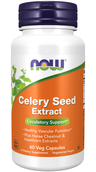 Product Color:
Multi-Colored
Healthy Vascular Function*
Plus Horse Chestnut & Hawthorn Extracts
NOW® Celery Seed Extract offers a wide array of bioactive compounds including naturally occurring phthalides such as 3-n-butylphthalide (3nB). 3nB is extensively researched for its ability to support vascular health, especially within the brain.* This product includes horse chestnut seed extract, which has been long known to support healthy vascular function.* Hawthorn extract with its many phenolic constituents has also been included to complement this formula.

Natural color variation may occur in this product.
