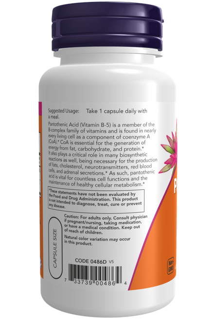 NOW Pantothenic Acid 500 mg Veg Capsules - B-Complex Vitamin