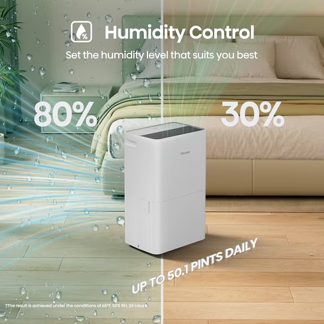 Humidity Control: Set the humidity level that suits you best. Removes up to 50.1 pints of moisture daily.