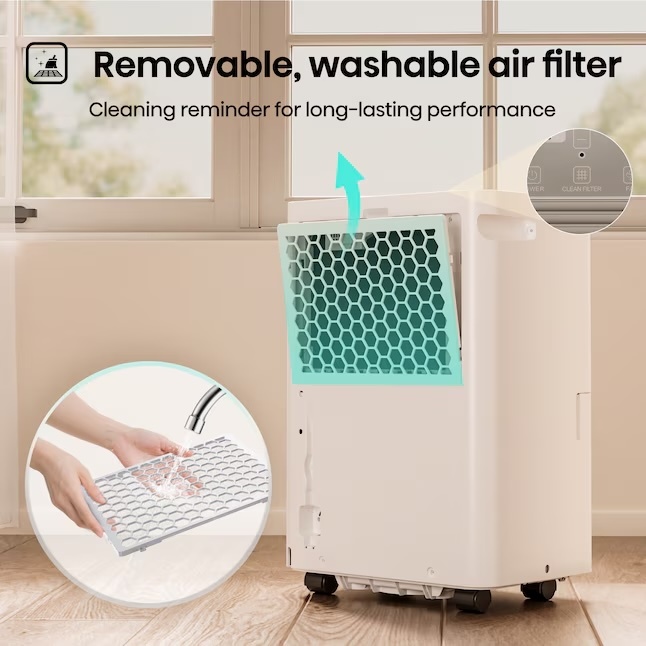 Removable, Washable Air Filter: Cleaning reminder for long-lasting performance.