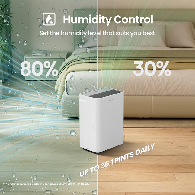 Humidity Control: Set the humidity level that suits you best. Removes up to 35.1 pints of moisture daily.