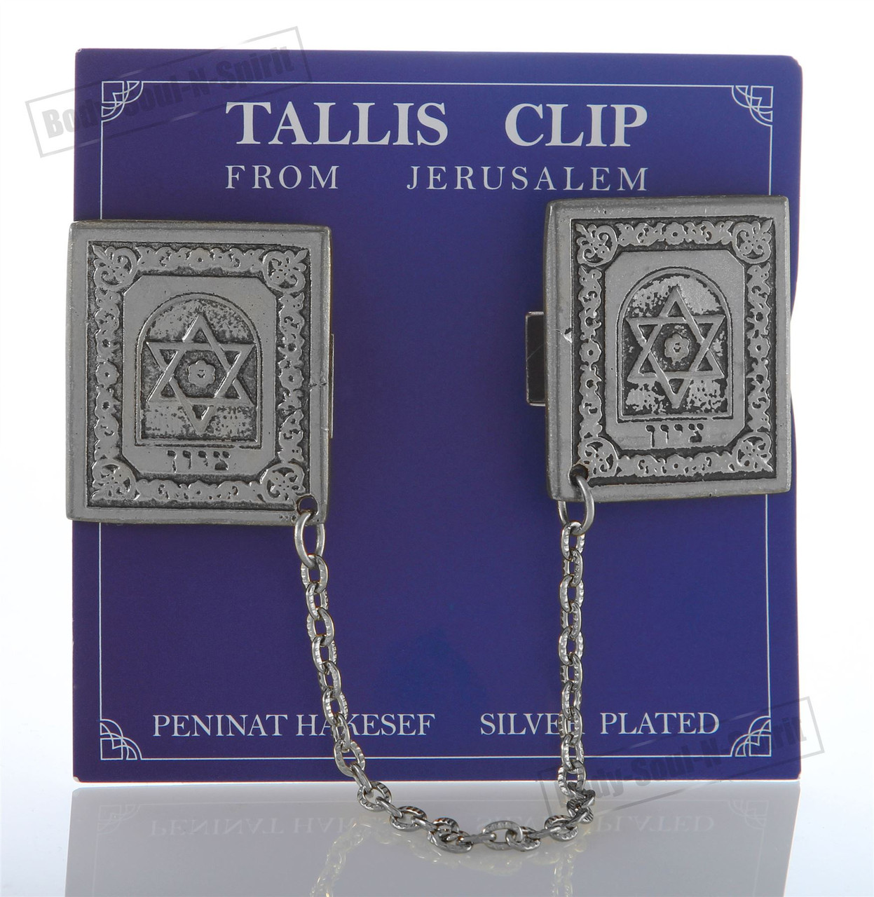 Silver Plated Tallit Prayer Shawl Clips - Tablets, Lions and Star