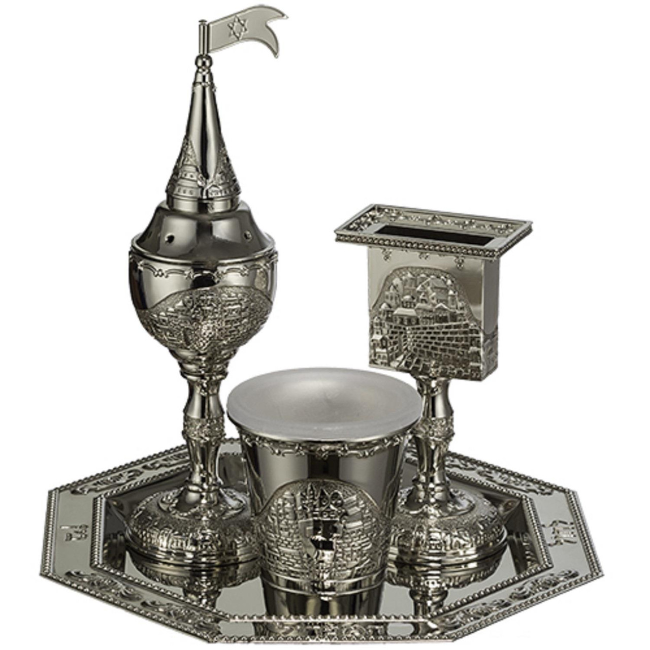 JUDAICA Nickel Plated Ritual Shabbat Havdalah Candle holder Jerusalem Cup  Set