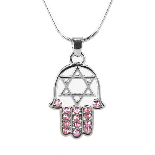 Pink HAMSA PATIMA HAND "Star of David" Necklace Crystals SPIRITUAL Amulet Pendant Jewish