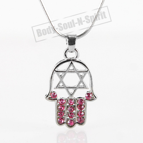 Red Crystals HAMSA "Star of David" Necklace SOUL silver Tone Amulet Pendant Jewish