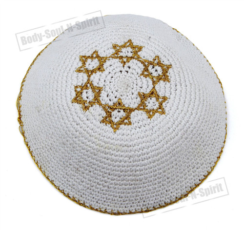 Gold Star of David Magen Knitted hoy Yarmulke Tribal Jewish Yamaka Kippa Israel