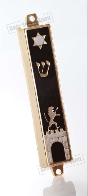 Gold tone Mezuzah Mezuza Black Case 7cm Judaica Jewish lion wall gate star Kotel