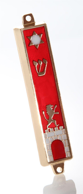 Gold tone Mezuzah Mezuza Red Case 7cm Judaica Jewish lion wall gate star Kotel