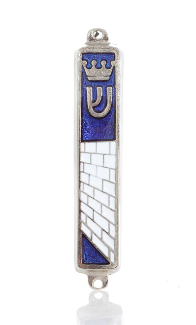 Silver plated Mezuzah Mezuza Blue Case 7cm Judaica Jewish Torah Crown Kotel Gift