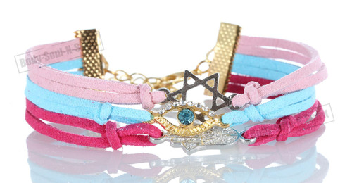 BUY Magenta-Sky-Pink 3 STRING Bracelet Kabbalah Mix pendent Hamsa Lucky Charm