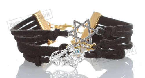 One of A Kind Star of David and Charms Boho Wrapped Bracelet on A Leather cordBluenoemi JewelryBracelets Black