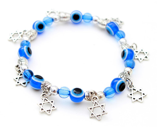 LUCKY EYE & Star of David Charms Pendants Jewish Judaica Stretch Bangle Bracelet