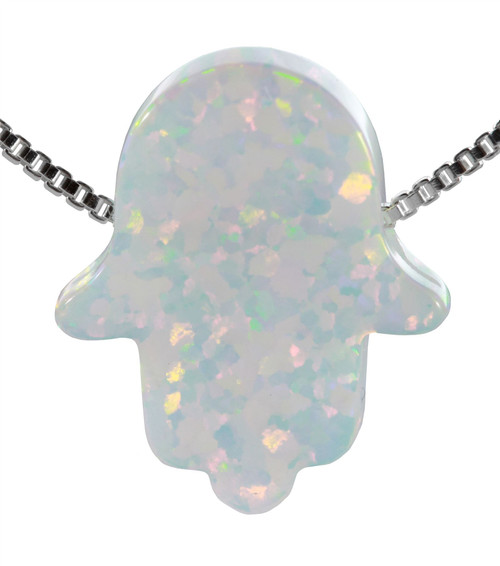 925 Sterling Silver White OPAL HAMSA hand of fatima Pendant delicate necklace
