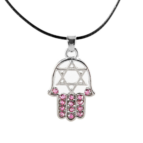 Pink HAMSA "Star of David" Necklace Crystals silver Tone Amulet Pendant Jewish Pink HAMSA "Star of David" Necklace Crystals silver Tone Amulet Pendant Jewish