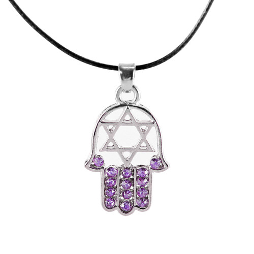 Purple HAMSA "Star of David" Necklace Crystals silver Tone Amulet Pendant Jewish