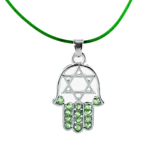 Green HAMSA "Star of David" Necklace Crystals silver Tone Amulet Pendant Jewish
