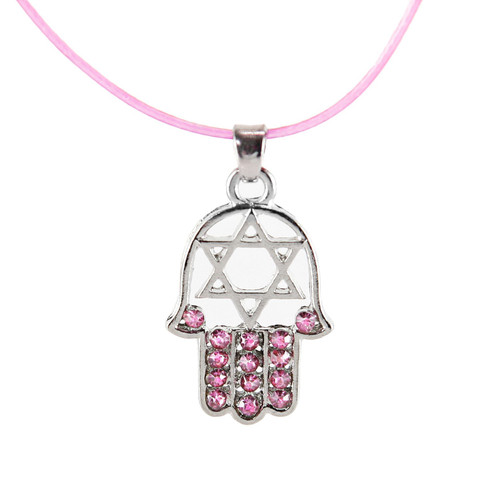 Pink HAMSA "Star of David" Necklace Crystals Amulet Pendant Jewish Pink HAMSA "Star of David" Necklace Crystals Amulet Pendant Jewish