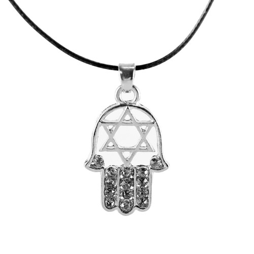 Black HAMSA "Star of David" Necklace Crystals silver Tone Amulet Pendant Jewish