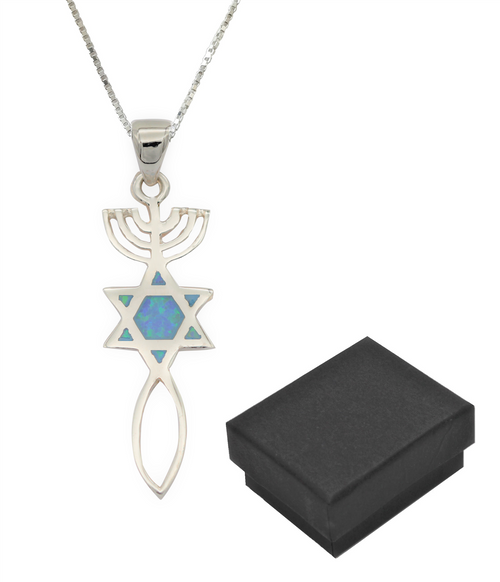 925 Silver Sterling Jewish Opal Star of David Menorah Fish Necklace Evil Eye