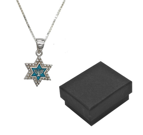 925 Silver Sterling Menorah Star of David Opal Pendant Holy Necklace Gift Box