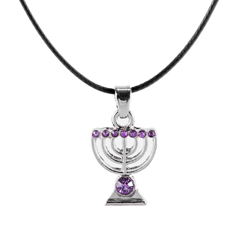 Purple Jewish MENORAH Hanukkah lamp Necklace Israel Kabbalah Judaica Jewelry