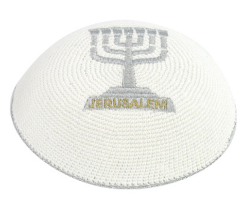 White Knitted Kippah GRAY Menorah Yarmulke Tribal Jewish Yamaka Kippa Israel cap White Knitted Kippah GRAY Menorah Yarmulke Tribal Jewish Yamaka Kippa Israel cap