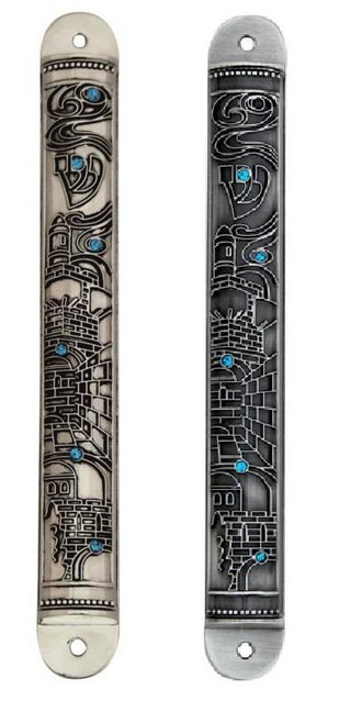 Mezuzah jerusalem Design Laid With Turquoise Crystals Stones Holiday Jewish Gift