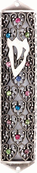 Jeweled Pewter Mezuzah Case letter Shin & Heart Pattern Holy Jewish Judaica Gift