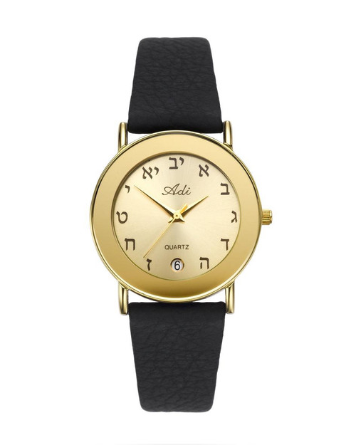 Women Hebrew Letters Golden Watch by Adi Date display Wrist Stainless Steel