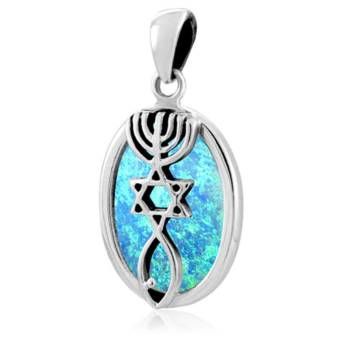 Grafted In Drop Pendant Messianic Seal of Jerusalem Silver and Opal gift BOX
