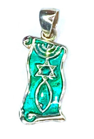 Messianic Seal on Scroll Pendant  green Enamel Sterling Silver gift BOX