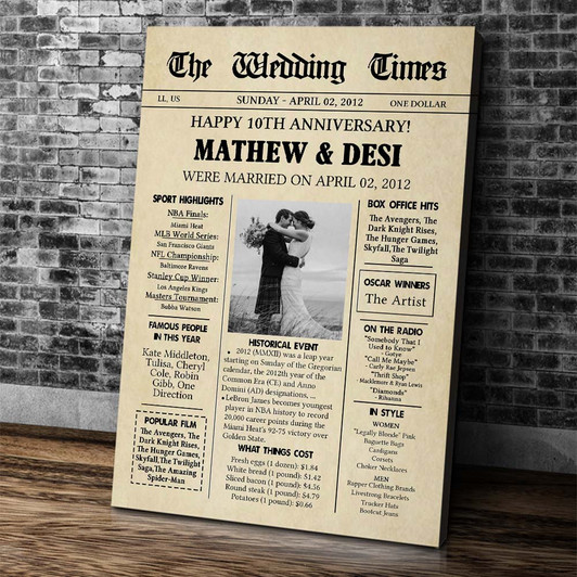 Personalized 10th Wedding Anniversary Gift, The Wedding Times Magazine Canvas Personalized 10th Wedding Anniversary Gift, The Wedding Times Magazine Canvas