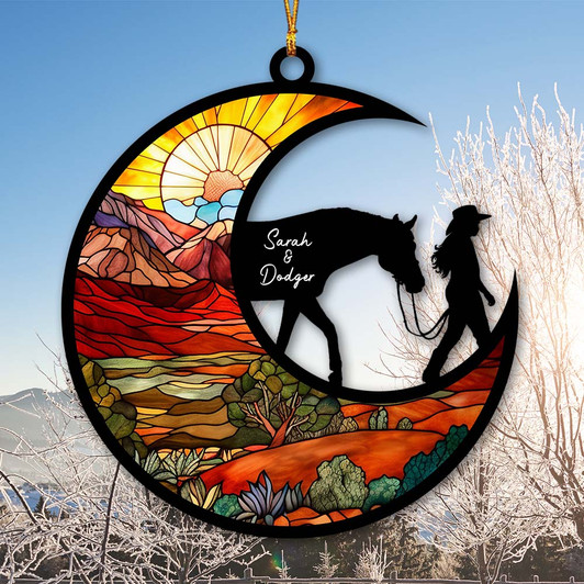 Personalized Horse Mom Gift Custom Name Girl And Horse Hanging Suncatcher Ornament